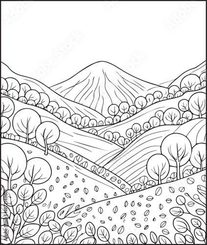 Mountain landscape outdoor scenery coloring page for kids, black line art vector illustration for activity book design