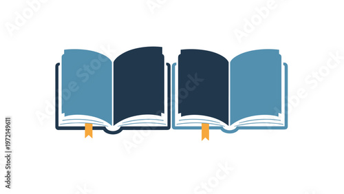 Two identical open book icons in shades of blue with yellow bookmarks representing education, reading, knowledge, and library services.