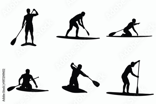 Silhouettes of people engaging in stand up paddleboarding kneeling rowing and balancing on surfboards in dynamic water sport poses