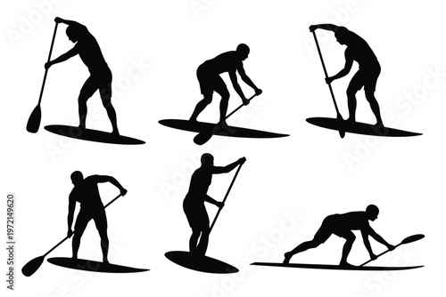 Silhouettes of six paddleboarders in dynamic poses balancing on boards while rowing with paddles showcasing movement and activity against a minimalist white background