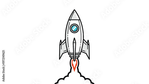 Modern line art illustration of a rocket ship blasting off with fire and smoke clouds representing a business startup.