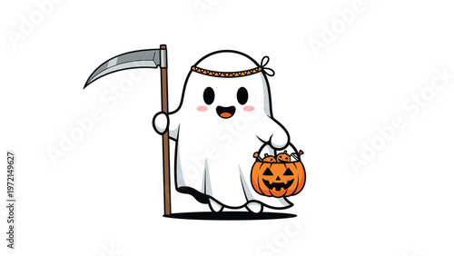 Cute cartoon ghost dressed for halloween holding a jack o lantern basket filled with candy and a large grim reaper scythe.