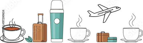 A collection of travel themed icons featuring coffee cups a thermos luggage and a flying airplane