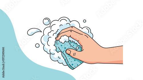 Human hand scrubbing with a blue sponge and lots of soapy white bubbles for cleaning, hygiene, maintenance, and domestic household tasks.