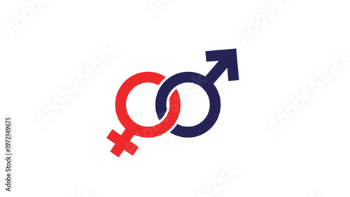 Interlocked male and female gender symbols in red and navy blue colors representing relationships and human biology.