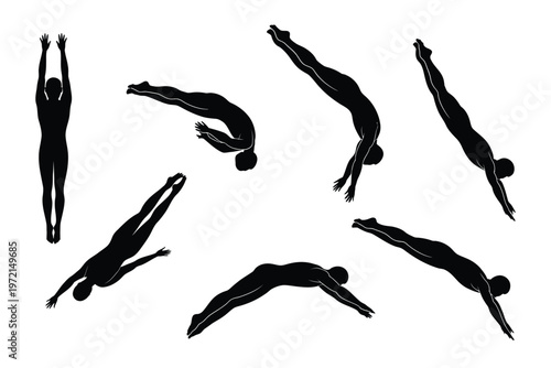 Silhouettes of divers performing mid air acrobatics in a series of dynamic poses showcasing athleticism and grace