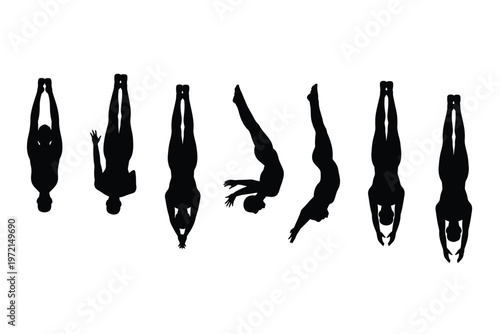 Silhouettes of acrobats performing dynamic aerial stunts in mid air against a clean white background showcasing flexibility and agility in a sequence of gymnastic poses