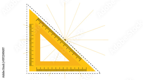 Drawing tools concept featuring a yellow set square triangle ruler placed over radiating construction lines on white background illustration.
