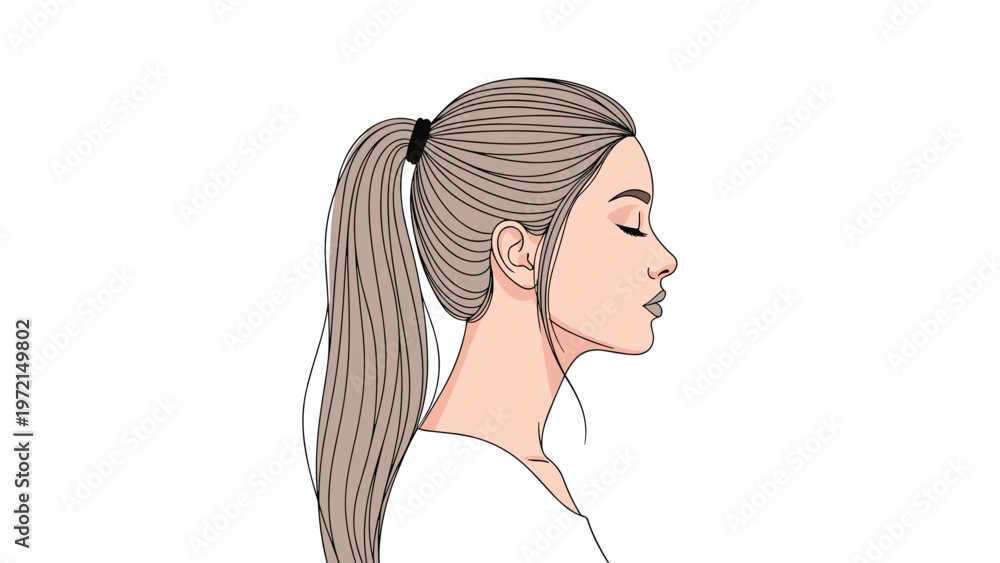 Naklejka premium Side profile illustration of a serene young woman with her long blonde hair tied back in a neat ponytail against a plain white background.