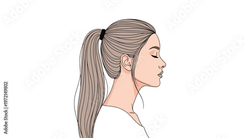 Side profile illustration of a serene young woman with her long blonde hair tied back in a neat ponytail against a plain white background.