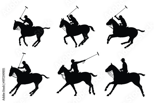 Silhouettes of dynamic polo players riding horses and swinging mallets in mid action during an intense match