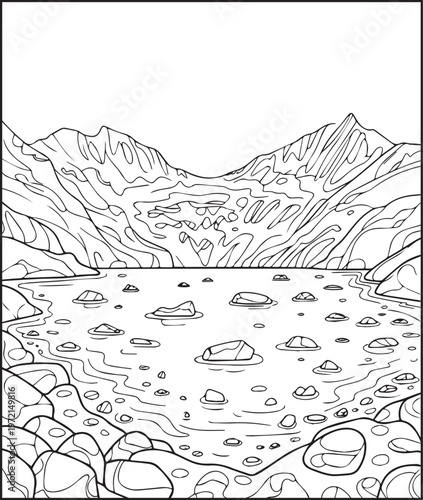 Mountain landscape outdoor scenery coloring page for kids, black line art vector illustration for activity book design