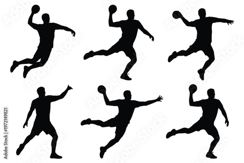 Obraz na plátně Dynamic silhouettes of athletes jumping and playing handball in mid air with exp