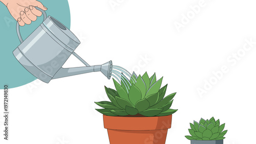 Hand using a metal watering can to water green succulent plants in terracotta pots representing home gardening hobby and growth progress.