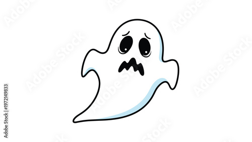 Cute cartoon ghost character with a worried and scared facial expression for halloween decoration and festive spooky seasonal greeting card.