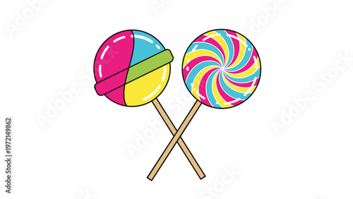 Two colorful sweet lollipops on wooden sticks crossed over each other representing candy shop treats and delicious sugar snacks for kids.