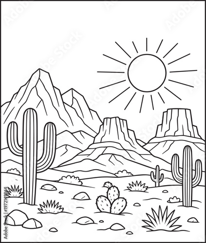 Mountain landscape outdoor scenery coloring page for kids, black line art vector illustration for activity book design
