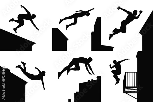Silhouettes of athletes performing dynamic parkour jumps and acrobatic movements across urban rooftops and buildings in minimalist style