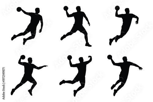 Silhouettes of athletes in dynamic poses jumping and throwing a ball in mid air showcasing athleticism and action in a minimalist vector style