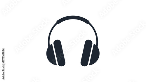 Dark blue silhouette icon of audio headphones with headband representing music sound communication equipment and personal entertainment.