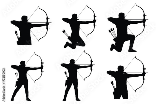 Silhouettes of archers in dynamic poses shooting arrows with bows isolated on a white background showcasing athleticism and precision