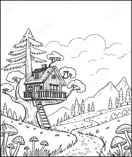 Mountain landscape outdoor scenery coloring page for kids, black line art vector illustration for activity book design