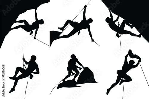 Silhouettes of climbers scaling steep rock faces using ropes and harnesses for safety dynamic poses of adventure and determination against a stark white background