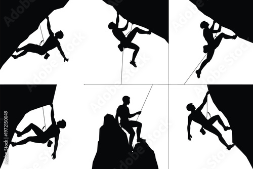 Silhouettes of climbers scaling rocky cliffs with ropes and harnesses dynamic poses capturing effort and determination in a minimalist style