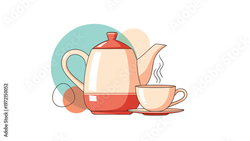 Afternoon tea set with a ceramic teapot and a steaming cup on a saucer for a cozy break in a cafe or at home with friends vector illustration.