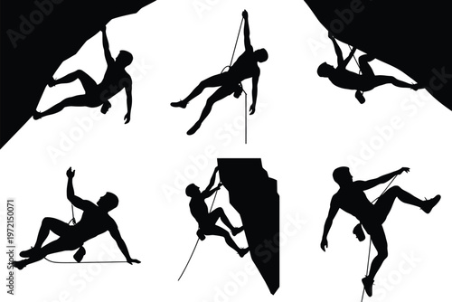 Silhouettes of climbers scaling rock faces using ropes and harnesses dynamic poses of mountaineers in action