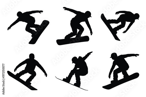 Dynamic silhouettes of snowboarders performing stunts in mid air and on snowy slopes captured in sleek black vector style