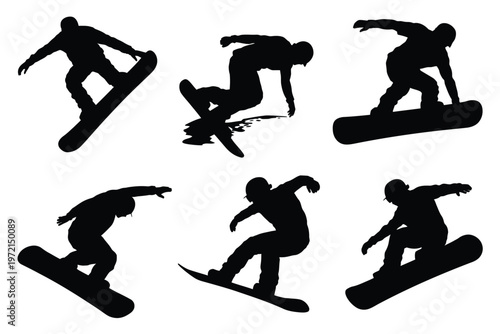 Dynamic silhouettes of six snowboarders performing mid air tricks and stunts in energetic poses showcasing action and excitement in a bold minimalistic vector style