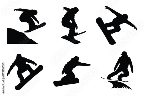 Dynamic silhouettes of snowboarders performing jumps and tricks in mid air against a clean white background capturing action and energy in winter sports