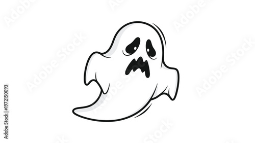 Spooky cartoon ghost character with a nervous and worried facial expression for halloween theme and festive spooky seasonal greeting card.