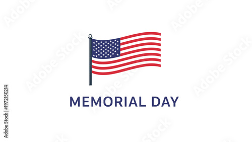 United States national flag on a pole with Memorial Day text for patriotic holiday celebration in America honoring soldiers and veterans.