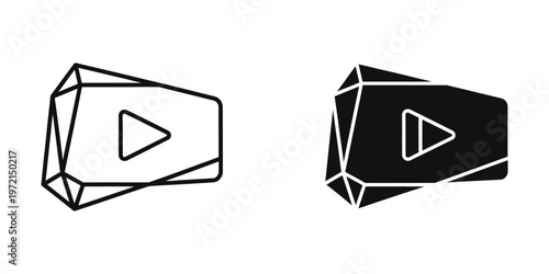 Two stylized play button icons in different geometric shapes and color schemes