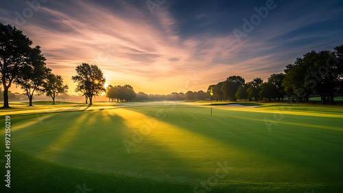 Scenic golf course landscape bathed in golden sunlight during the early morning