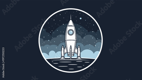 Space rocket spacecraft taking off into the starry night sky within a circular frame illustration for science and exploration missions.