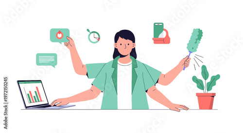 Multitasking Woman Handling Work and Household Chores Flat Vector Illustration