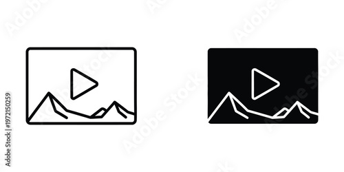 Contrast of video play icons on different background landscapes with mountain silhouettes