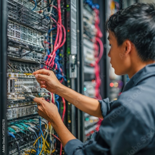 Male Technician Working on Server Rack in Data Center with Cables and Hardware