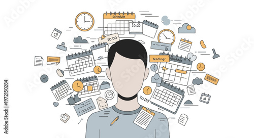 Overwhelmed man with busy daily schedule and time management stress concept