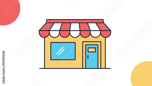 Small retail storefront building with a classic red and white striped awning and a blue door for business and shopping street architecture.