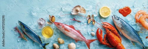 Assortment of Fresh Seafood and Fish on a Blue Background with Ice and Lemon Slices.