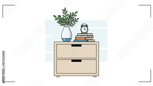 Simple wooden bedside table with drawers featuring a vase of green leaves, a stack of books, and an alarm clock on top.