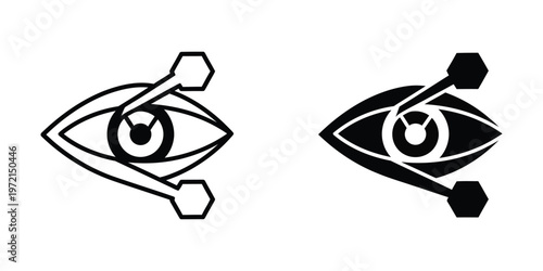 Contrast between a white and black stylized eye with hexagonal elements