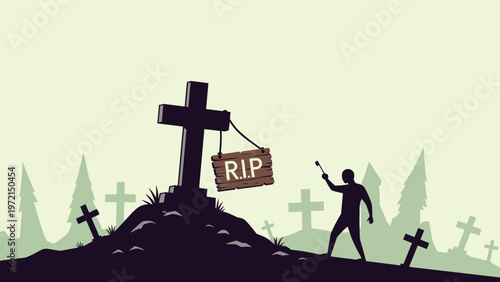 Dark silhouette of a cemetery at dusk featuring a large cross with a RIP sign and a person holding a shovel for burial.