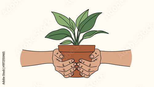 Close up of two hands carefully holding a brown clay pot with a healthy green leafy plant growing inside it for environmental care.