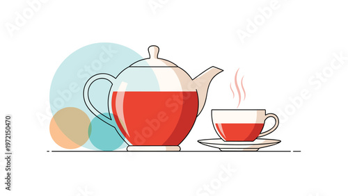 Elegant glass teapot filled with red herbal tea next to a matching cup on a saucer emitting steam against a simple background.