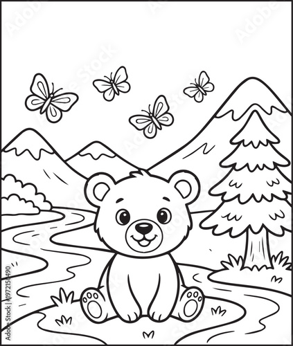 Mountain landscape outdoor scenery coloring page for kids, black line art vector illustration for activity book design